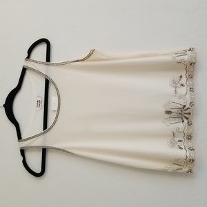 Molly Bracken, bead embroidered top. Off white. Beads are pearl and silver/gray.